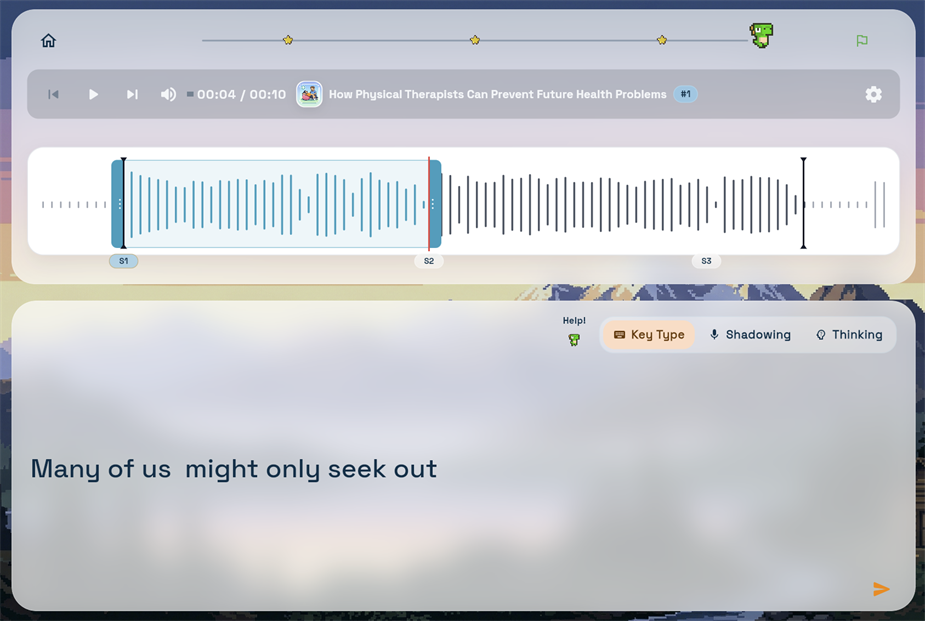 Pixelen の Dictation 画面。音声バー、波形、Key Type、Shadowing、Thinking の切り替え、英文が表示されている。